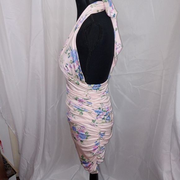 ZARA Light Pink Halter Neck Open Back Ruched Bodycon Mini Dress Womens Medium - Picture 8 of 15